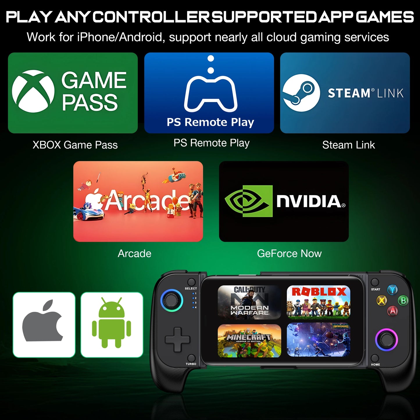 DinoFire Wireless Mobile Gaming Controller (Hall Effect RGB Gamepad)