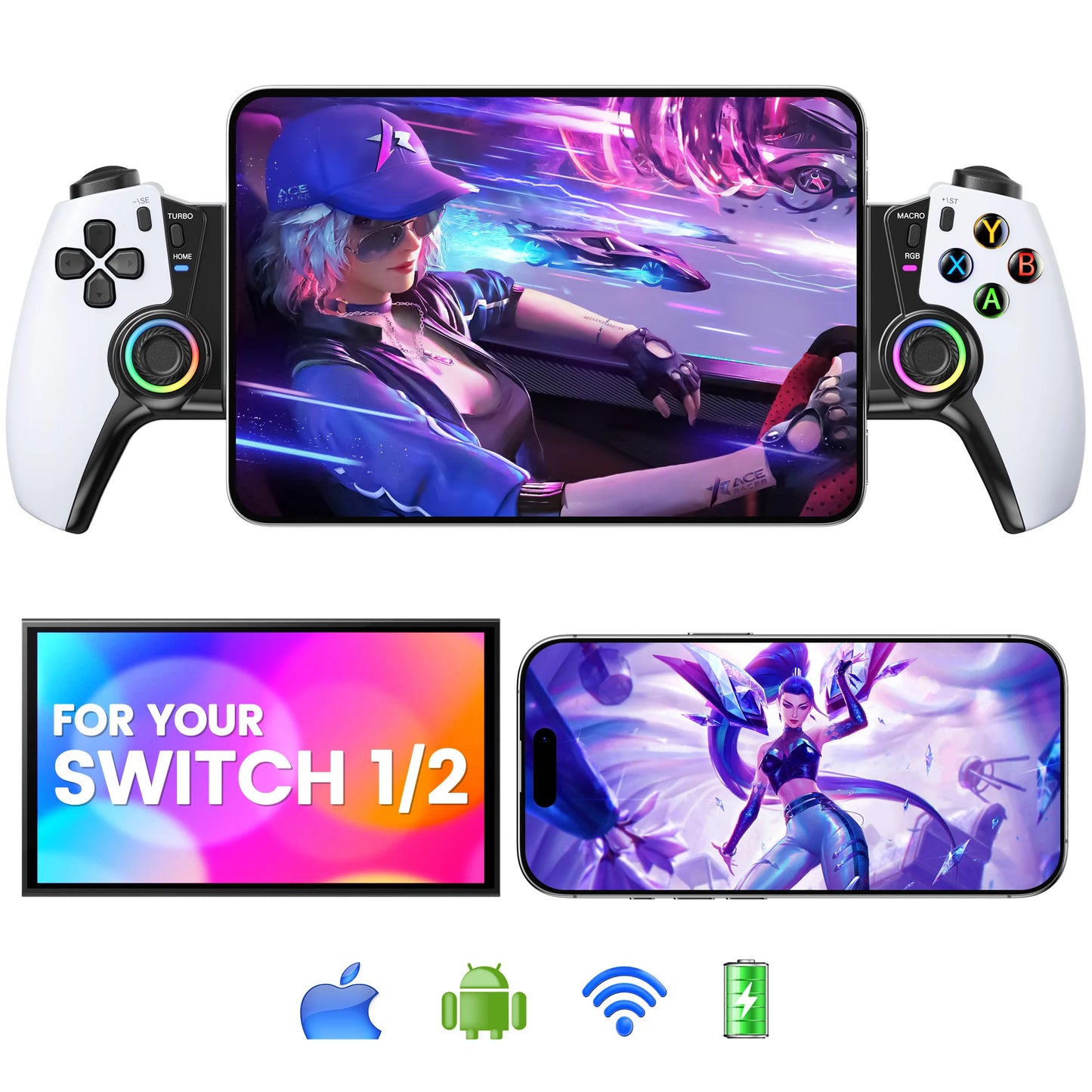 DinoFire Wireless Mobile Gaming Controller (Hall Effect RGB Gamepad)